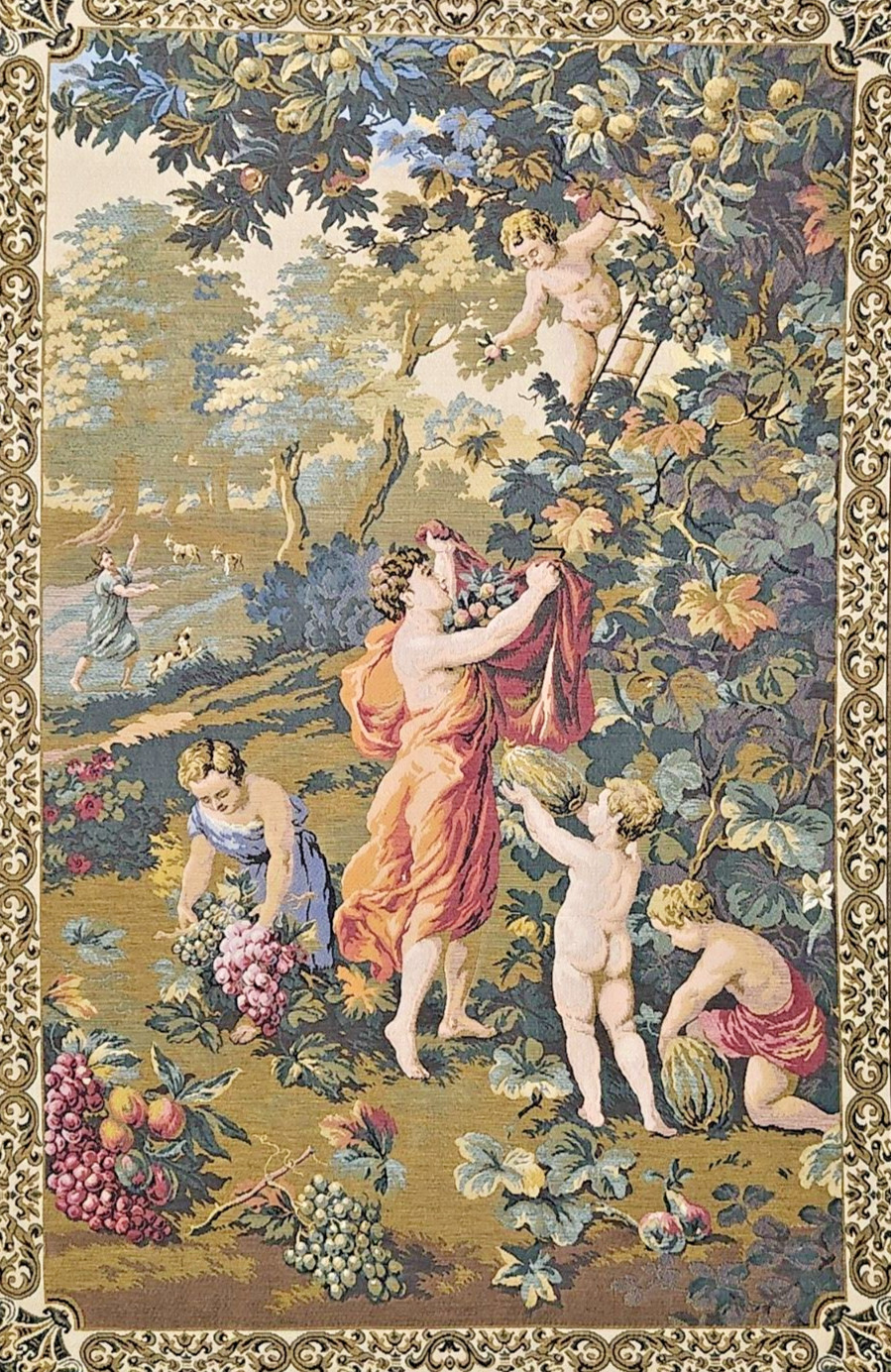 Vintage French Woven Tapestry Baroque Figural Apple Harvesting Tapestry 35"x55"