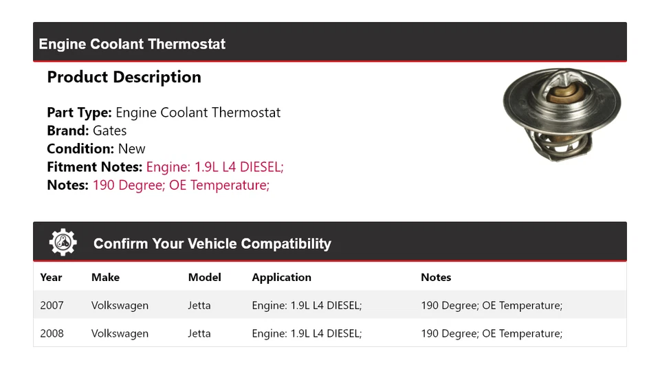 Para Volkswagen Jetta 2007-2008 1.9L L4 Motor Diesel Refrigerante Termostato Puertas Foto 2 de 4