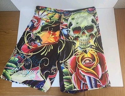 Ed Hardy Christian Audigier Board Shorts Men's 36 Skull Roses Tattoo Surf Y2K 