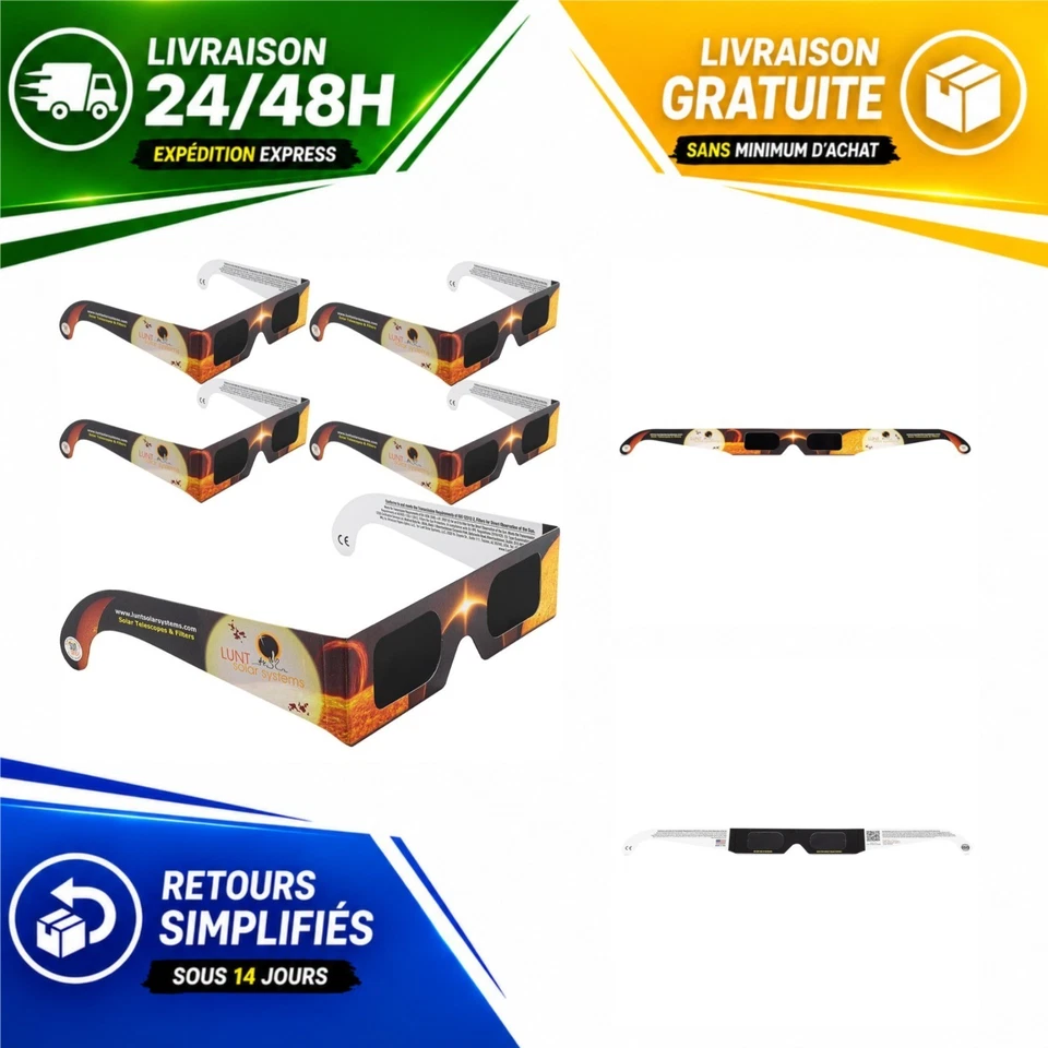 Lunettes éclipse solaire ISO 12312-2 CE Lot de 5 Lunt Solar Systems - Photo 1/4