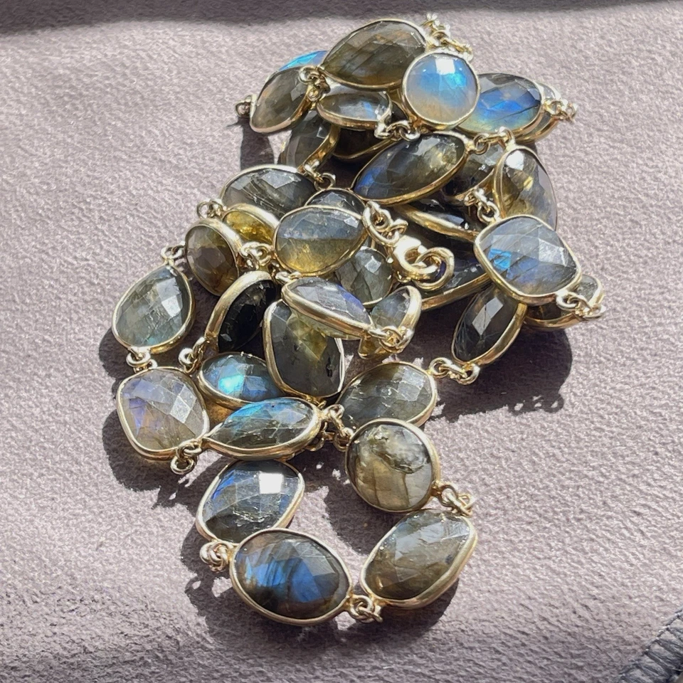 Gorgeous Top Quality Flashy Blue Labradorite Gold Sterling Chain Necklace - Image 3 of 4