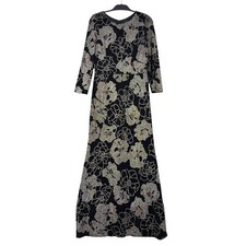 Betsy Adam Floral Glitter Maxi Gown Women 12P Acetate Black Gold Silver