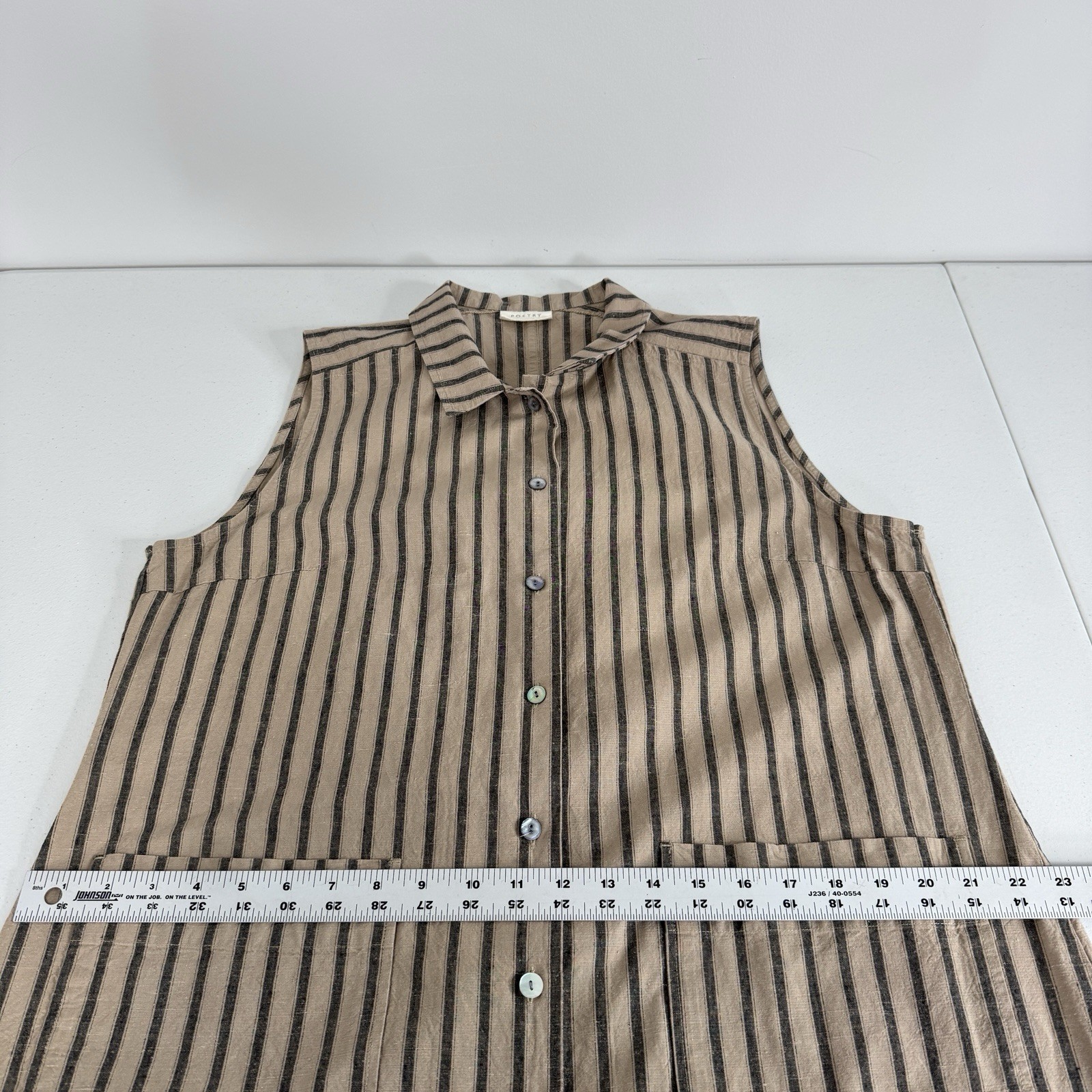 Poetry Linen Button Front Midi Dress Womens 12 Tan Striped Lagenlook Coastal image 8