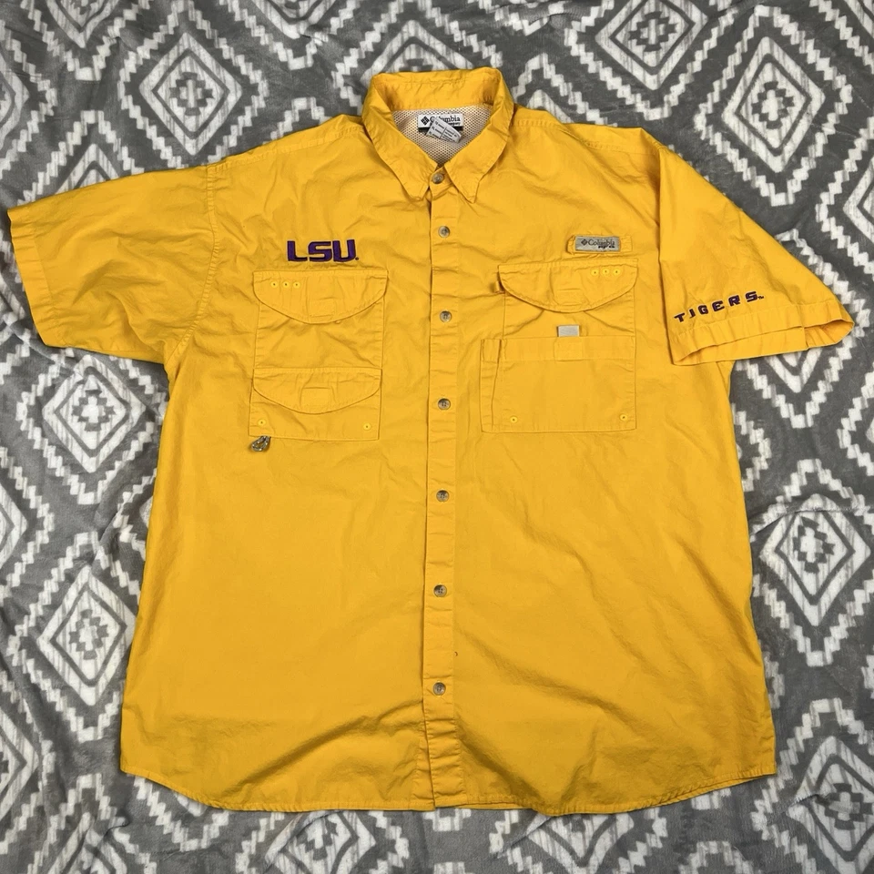 LSU Tigers 衬衫男式 XL 哥伦比亚 PFG 纽扣通风钓鱼 — 第 2/4 张图片