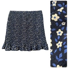 Blue Ditsy Floral Smocked Mini Skirt Ruffle Hem Cottagecore Coquette BOHO Size L