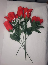 5 Silk Red Roses Baby's Breath Stems Leaves Flowers 11"-12"
