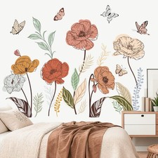 Peelora Boho Flower Wall Stickers Wildflower Floral Grass Butterflies Wall De...