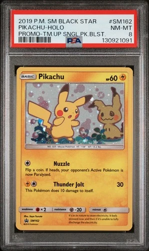 2019 POKEMON TEAM UP BLACK STAR PROMO PIKACHU #SM162 HOLO PSA 8 NM #130921091