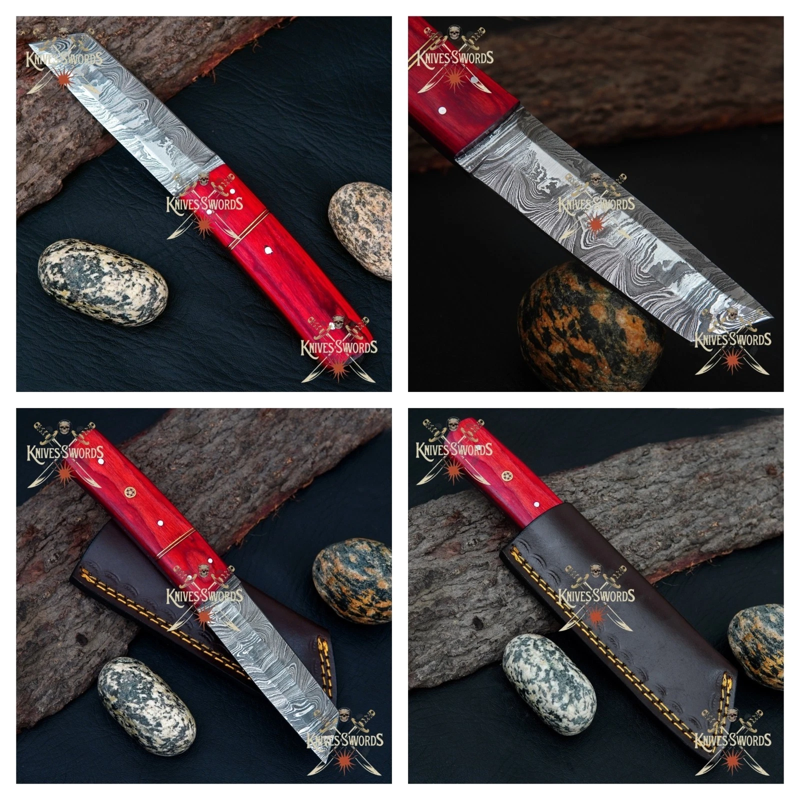 Handmade Damascus Steel Straight Razor Knife with Redwood Handle&Leather Sheath