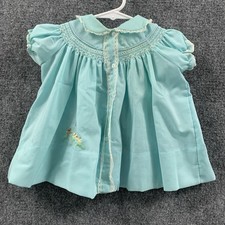 Vintage Girls Turquoise Smocked Dress Lace Trim Embroidered See Measurements 