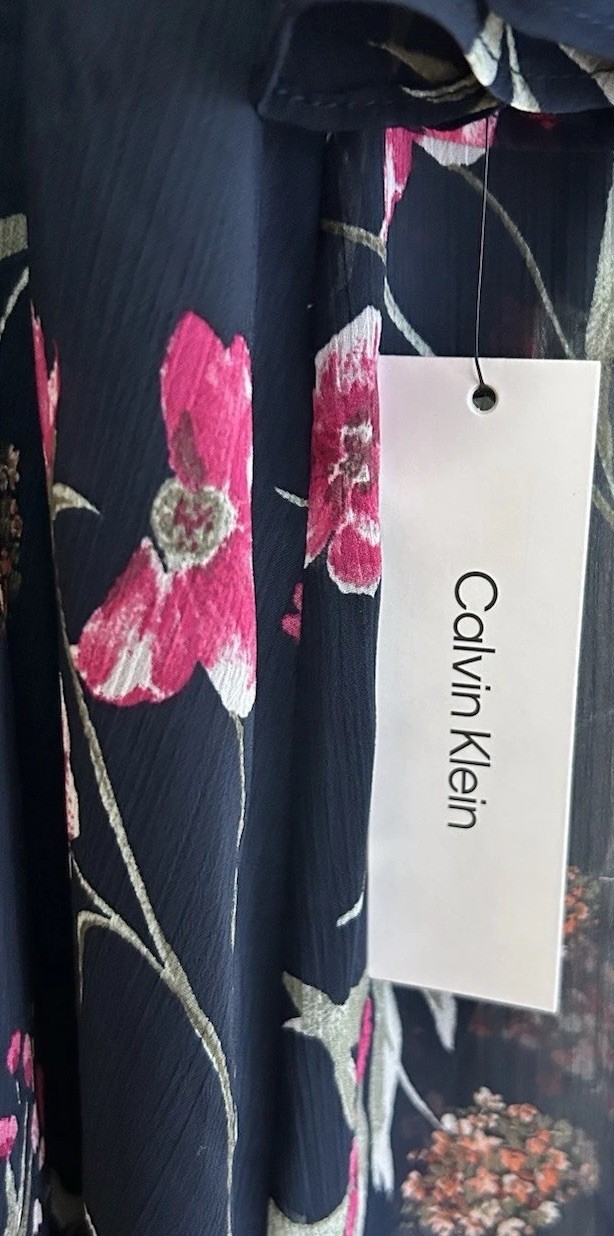 Calvin Klein Dress Size 12 Chiffon Bell Sleeve Black Floral MSRP $119 NWT thumbnail 9
