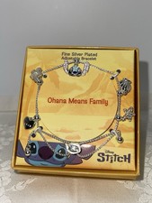 Disney Stitch Charm Bracelet Silver Plated Adjustable Ohana Family Box NIB