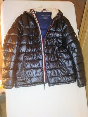 TOMMY HILFIGER MEN'S PUFFER JACKET LG NAVY BLUE PEARLED, SHERPA LINED, WITH HOOD