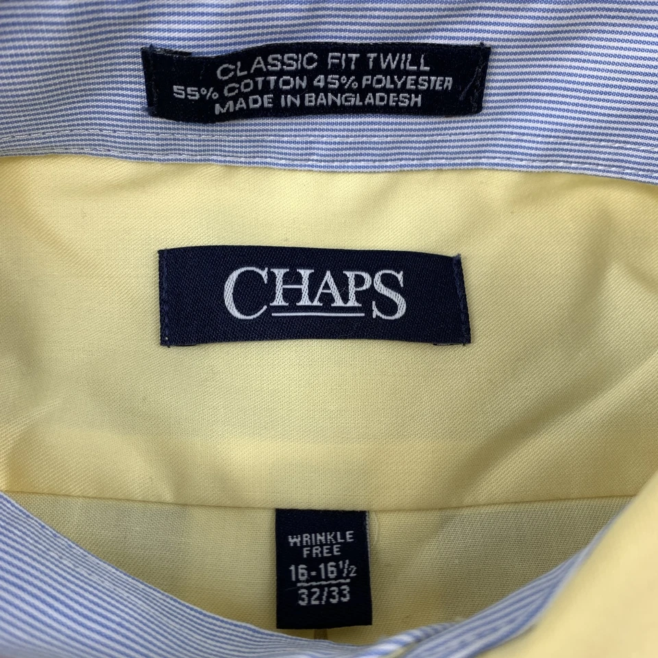 Camisa con botones Chaps para hombre 16,5 manga larga amarilla sarga sin arrugas algodón azul Foto 3 de 4