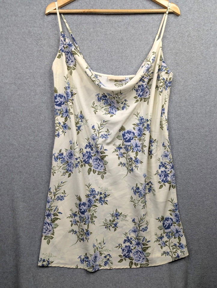 Meshki Slip Dress Womens L / 12 Cream Blue Floral Strappy Cowl Neckline Event