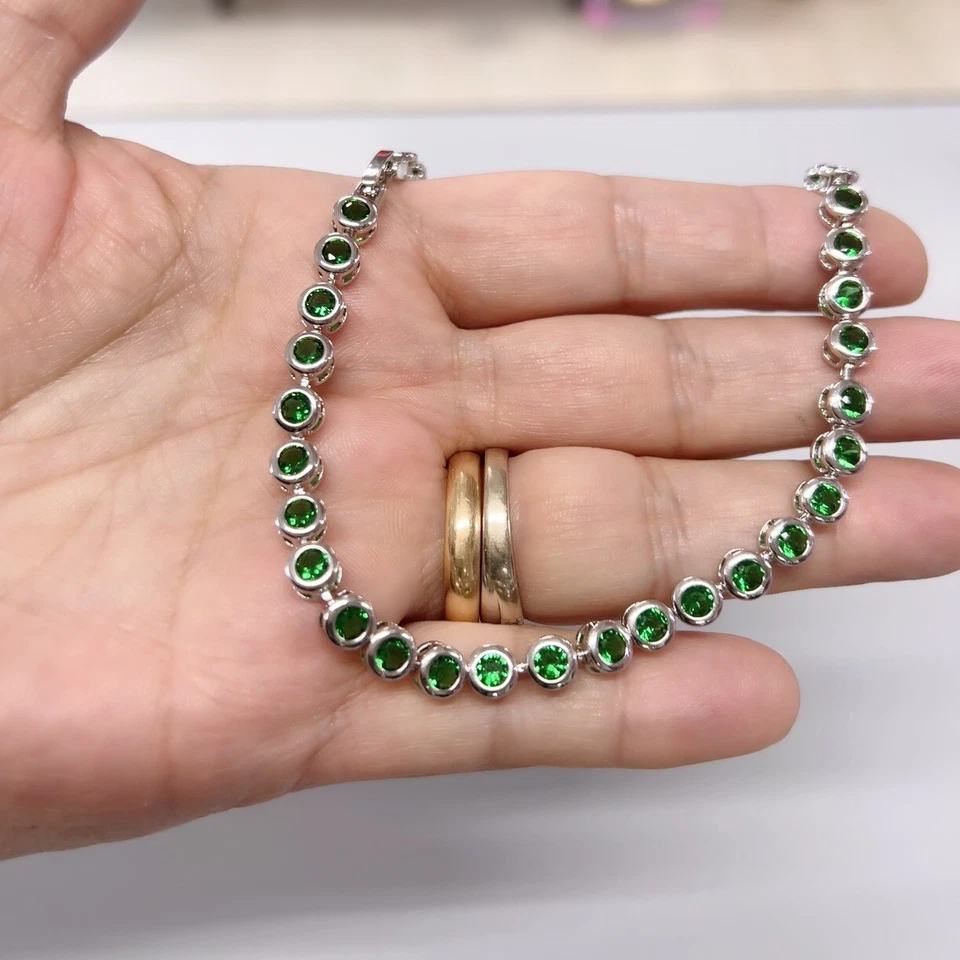 Bracciale Tennis Palline 5mm Verde pl oro Bianco 18k con cristalli Zirconi  B15 - Immagine 2 di 4