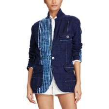 Polo Ralph Lauren Womens Indigo Linen Boho Chic Patch Blazer Jacket NWT