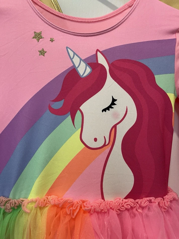 H&M Girl’s Size 6X/7 Pink Rainbow Unicorn Tutu Dress With Gold Wings - Image 2 of 4
