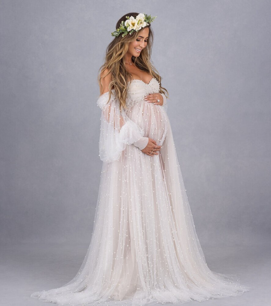 fitted maternity dress for wedding Taqqpue Womens Off the Shoulder Maternity Dress for Photoshot Baby Shower  Wedding Guest Long Sleeve Slim Fit Gown Flowy Ruffle Stretchy Long Maxi  Dress Photography Pregnancy Dresses
