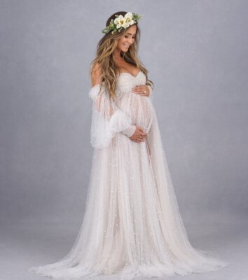 chinese dress ladies Lace Scoop Maternity Photoshoot Long Dress with Sleeves, White / 3XL main image 0