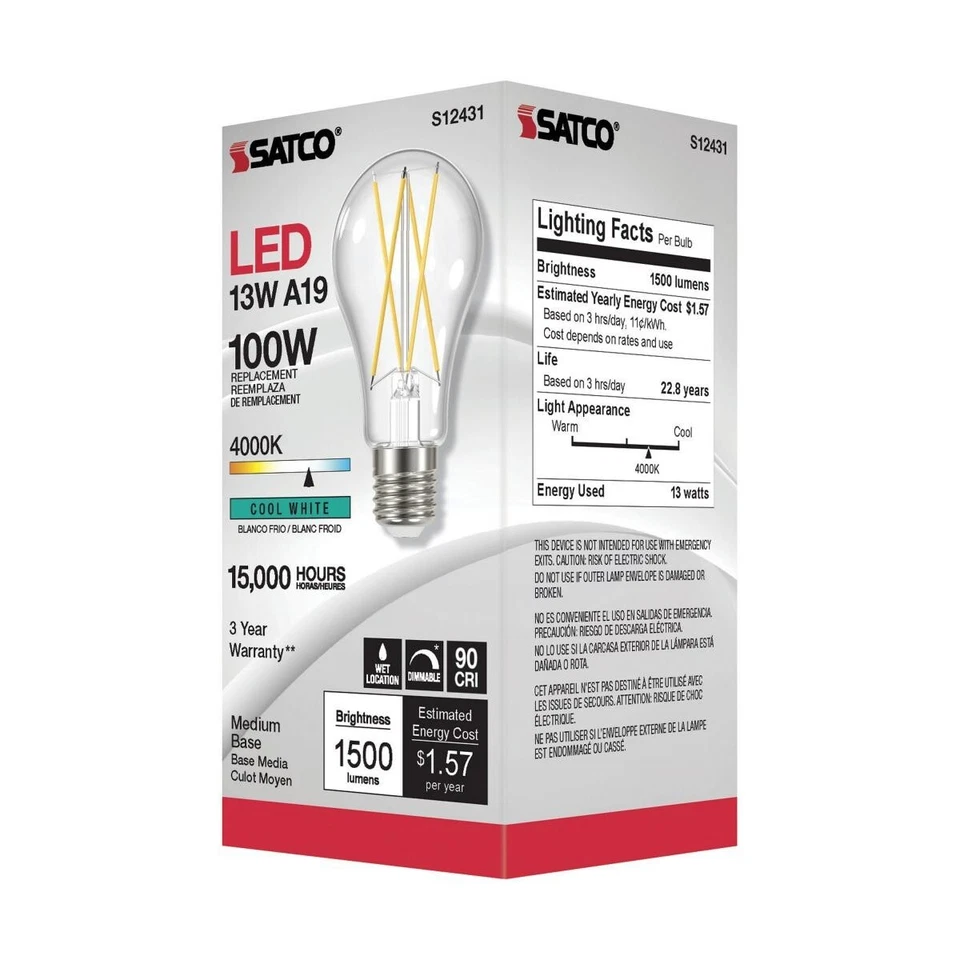 Satco S12431 - 12.5 Watt LED A19 Dimmable Light Bulbs - 4000K - 120 V (6 pack) - Image 4 of 4