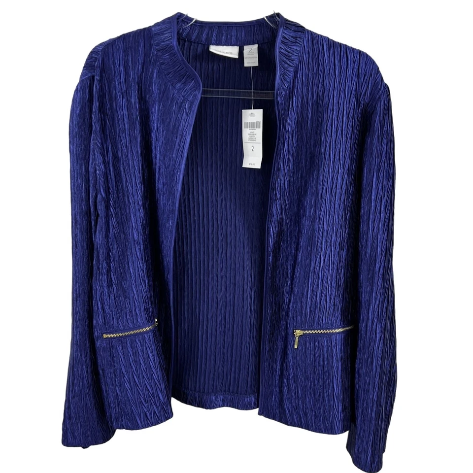 Chicos 2 NWT Crinkle Shine Elegant Blue Blazer Open Jacket Zip Pockets Holiday - Image 2 of 4