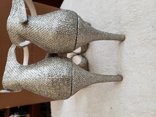 AUDREY BROOKE Gold/Silver Open Toe Ankle Strap 4.5" Stilletto Heels Size 9M NIB - Picture 5 of 11