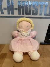 Vintage EDEN Baby Blonde Yarn Hair DOLL Pink Polka Dot Striped Dress Plush Toy
