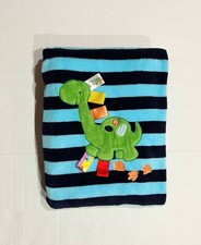 TAGGIES Plush Baby Toddler Blanket Blue Navy Striped Embroidered Dinosaur 29x38  