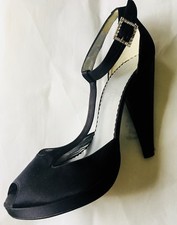 CHARLES JOURDAN: Black Satin, Peep-Toe Pump, Diamante Buckle,Silver Lining.Sz.38
