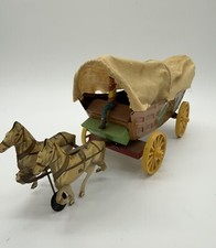 Vtg. 1950s Horse Drawn Cloth Covered Conestoga Wagon Tin Litho Mechanical Toy