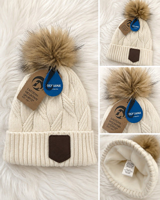 Oly & Ana Beige Knit Lined Beanie Hat Faux Fur Pom-Pom One Size Women