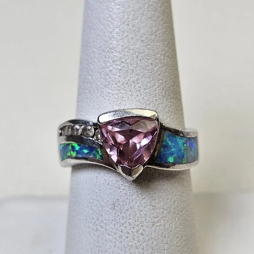 Chunky Vintage Sterling Silver Lab Opal + Pink Stone Ring Size 8.25 Signed AK