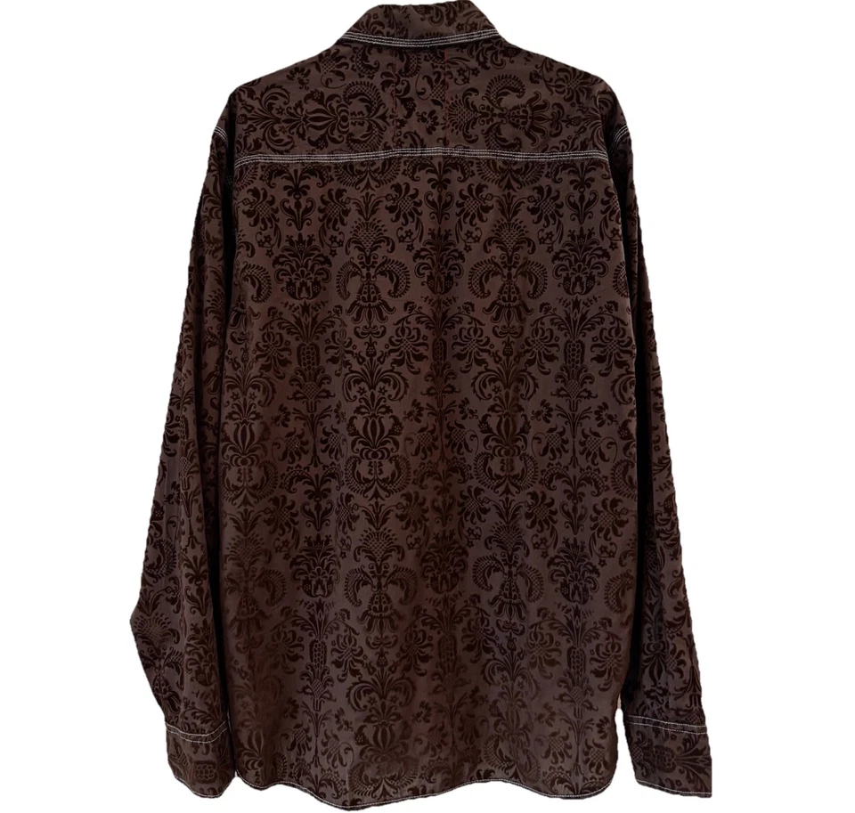 Camisa de veludo marrom vintage italiana tamanho médio padrão damasco floral algodão G/S - Imagem 3 de 4