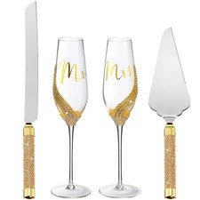 4 Pcs Wedding Cake Knife and Champagne Flutes Server Set, Toasting Crystal Rh...