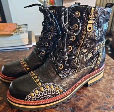 L Artiste Spring Step Rugup Black Multi Metallic Embossed Leather Boots Euro 37