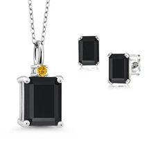 925 Sterling Silver Onyx and Yellow Created Sapphire Pendant and Earrings