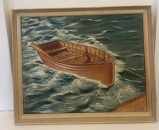 Vintage Ruderboot Leinwand Ölgemälde 60er signiert Segelküste Mid Century