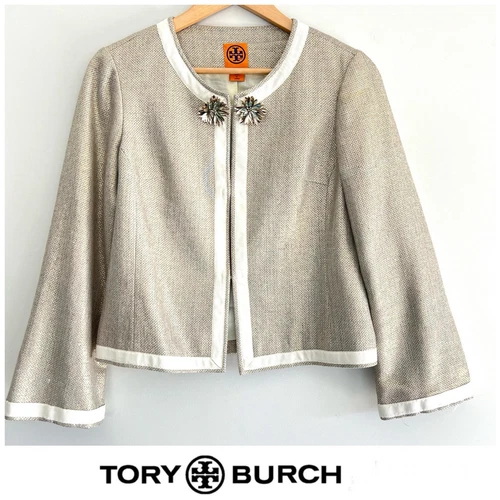Giacca blazer TORY BURCH misto lino oro metallizzato con accento floreale metallo taglia 6