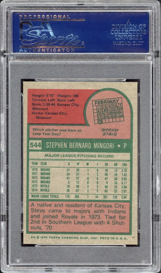 1975 Topps Mini Steve Mingori #544 PSA 8 NM-MT Kansas City Royals - Image 2 of 2