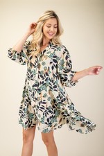 Gigio by Umgee Multi Floral Printed 3/4 Sleeve Shirt Dress with Flared Skirt