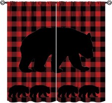 Plaid Bear Blackout Curtains Rustic Red 21"W x 45"L Pack of 2 , Style-1