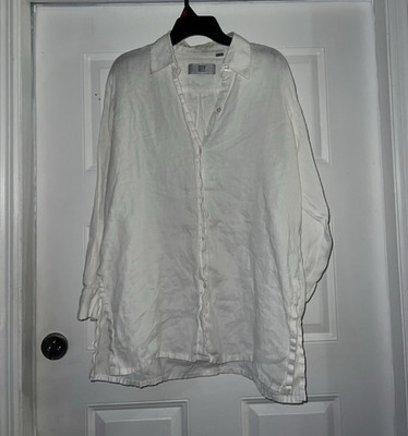 DKNY City Men's L White Solid Long Sleeve Button-Up Shirt Point Collar