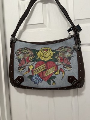 Ed Hardy Large Hobo Bag Demin Brown Leather Eternal Love Rhinestone Tiger Studs