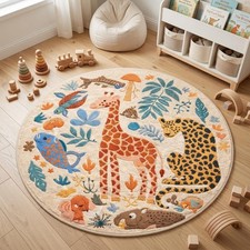 Nursery Round Rug, Hand-Drawn Giraffe Leopard Safari Animals, Playroom Decor