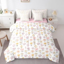 Cute Flower 7 Piece Bedding Set Floral Comforter Set with Full Yellow Pink