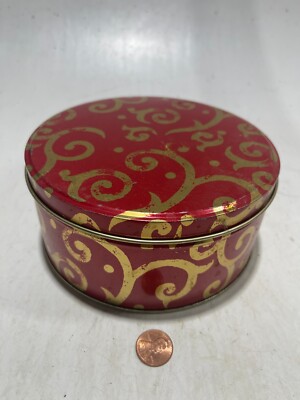 6'' Round Red & Gold Spiral Themed Tin RecycledFashionShopCom
