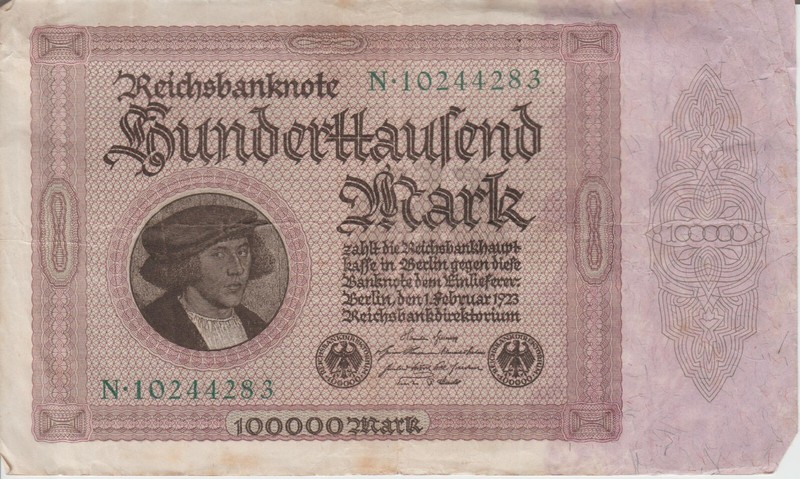 1923 German Reich 100000 Reichsmark, Reichs banknote Serial Number N.10244283