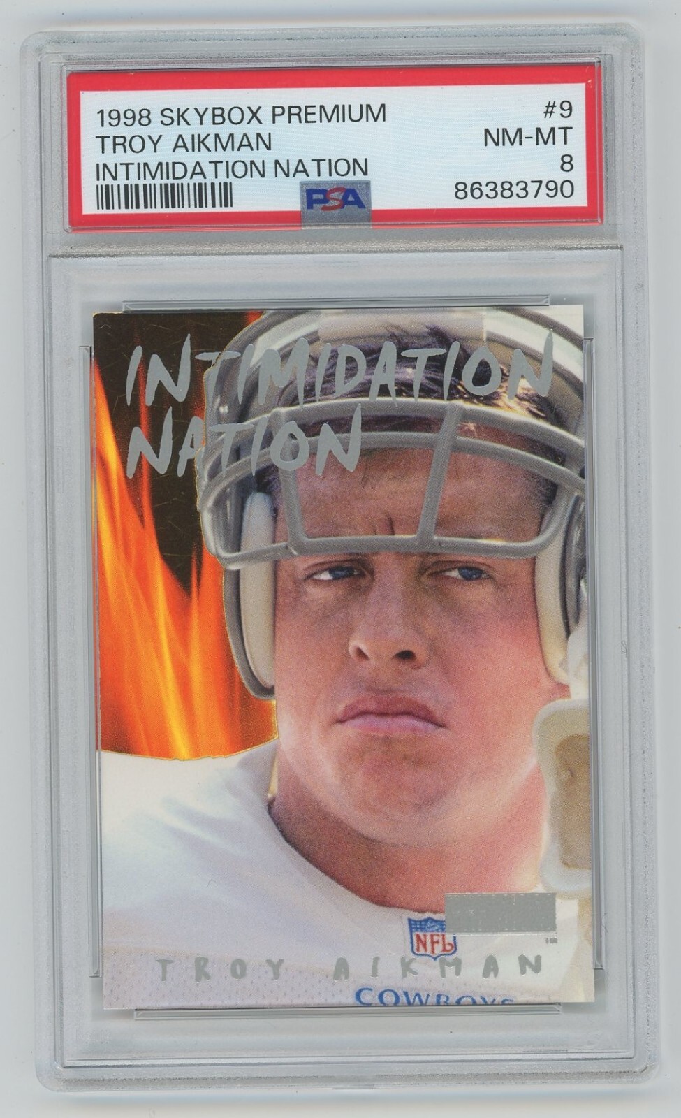 Troy Aikman 1998 Skybox Premium Intimidation Nation #9 Dallas Cowboys PSA 8