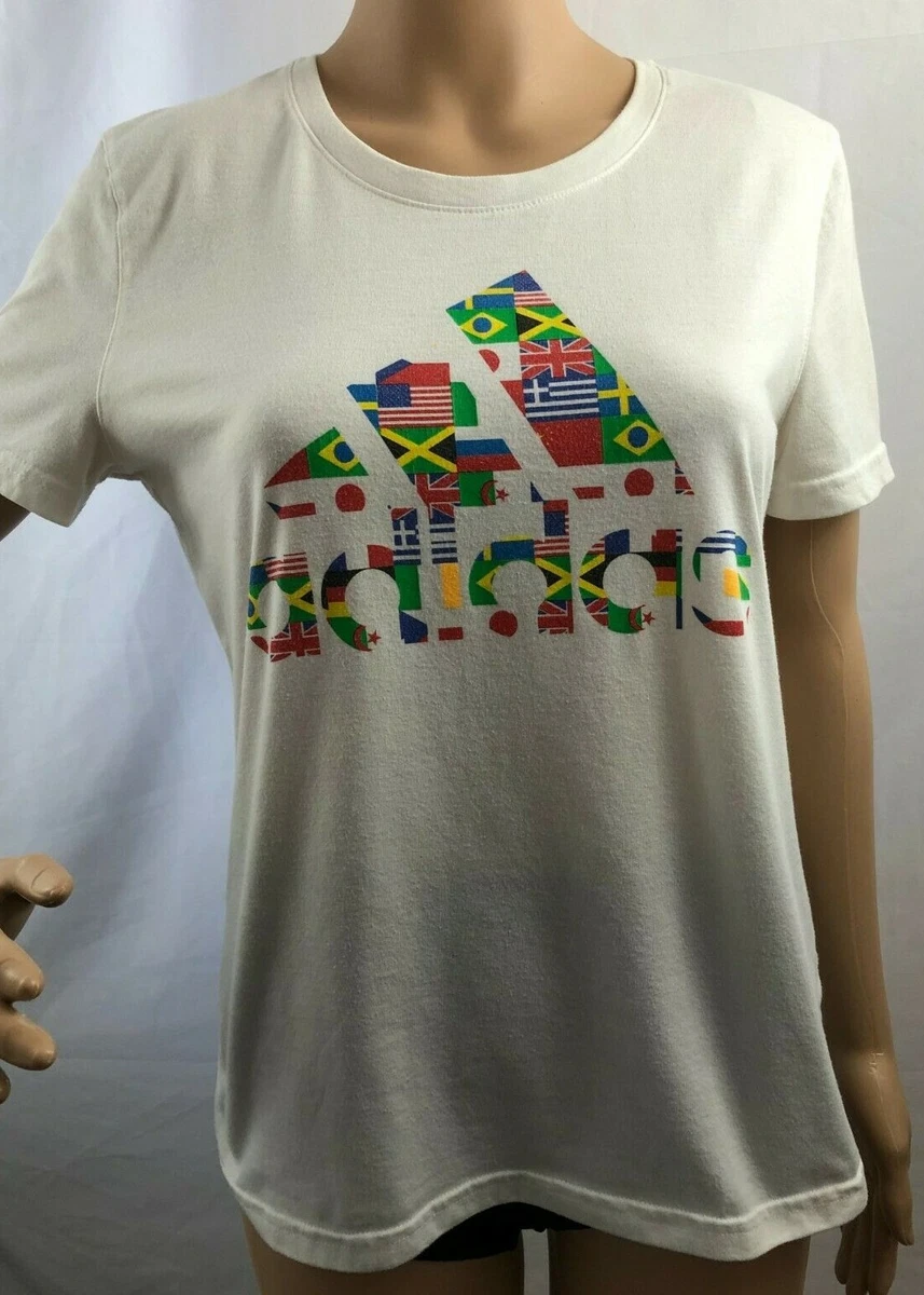 Women s Adidas White T Shirt Scoop Neck World Flags Graphic